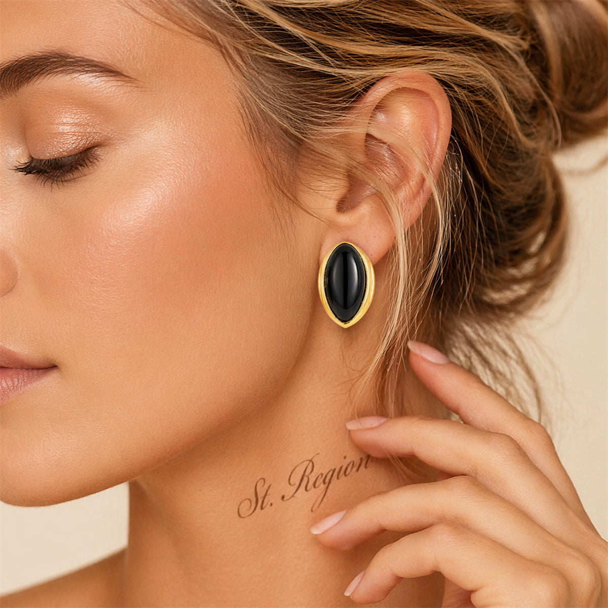 Black Resin & Goldtone Oval Stud Earrings