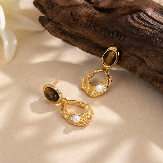 Tiger's Eye? & Pearl Goldtone Oval Open Geometric Dangle Earrings