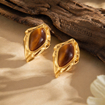 Tiger's Eye & Goldtone Irregular Rhombus Stud Earrings