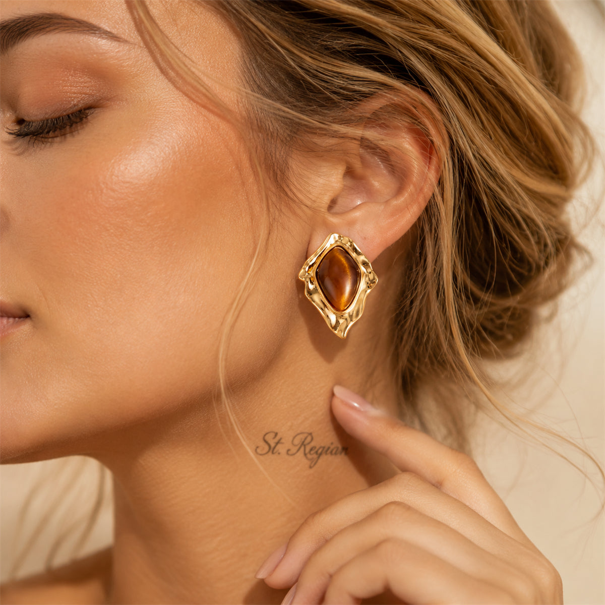 Tiger's Eye & Goldtone Irregular Rhombus Stud Earrings