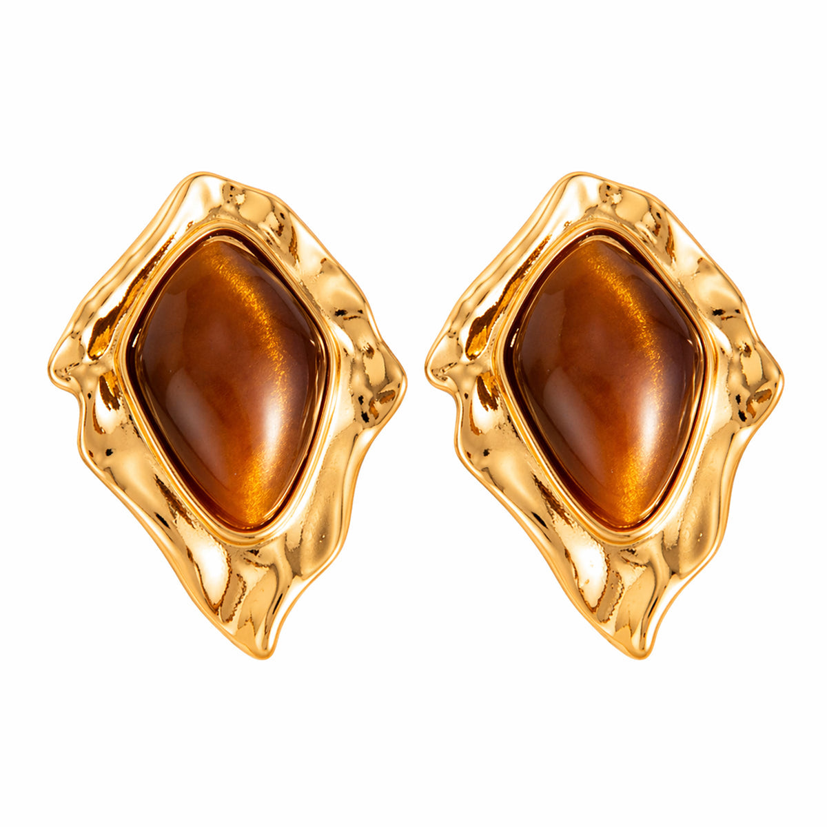 Tiger's Eye & Goldtone Irregular Rhombus Stud Earrings