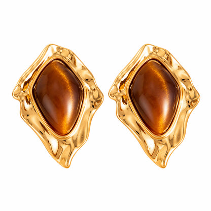 Tiger's Eye & Goldtone Irregular Rhombus Stud Earrings