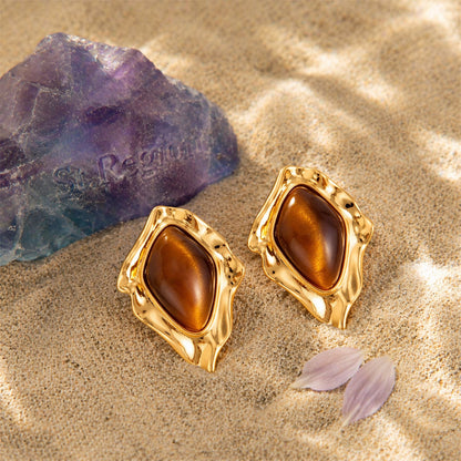 Tiger's Eye & Goldtone Irregular Rhombus Stud Earrings