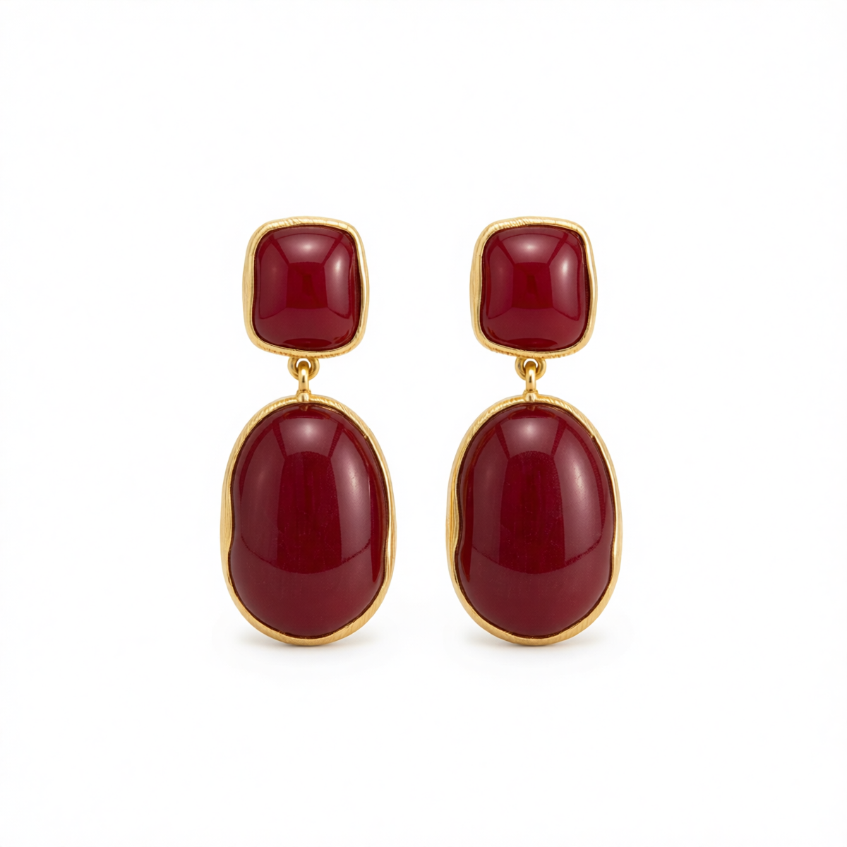 Wine Red Resin & Goldtone Oval Drop Earrings