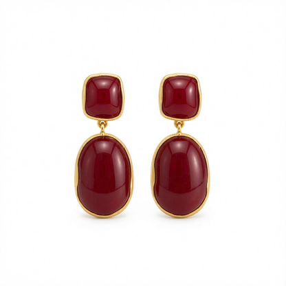 Wine Red Resin & Goldtone Oval Drop Earrings