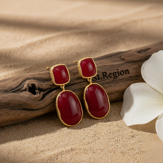 Wine Red Resin & Goldtone Oval Drop Earrings