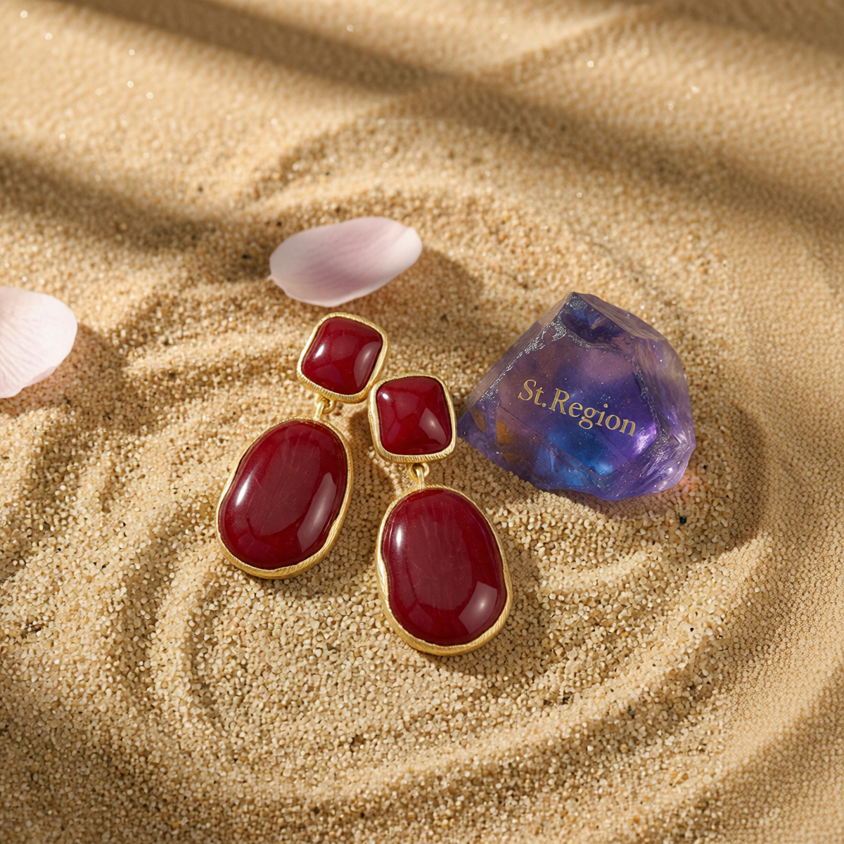 Wine Red Resin & Goldtone Oval Drop Earrings