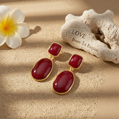 Wine Red Resin & Goldtone Oval Drop Earrings