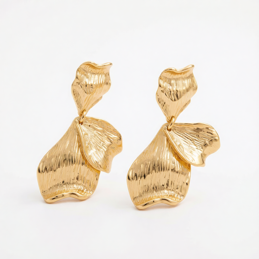 Goldtone Textured Two-Petals Dangle Earrings