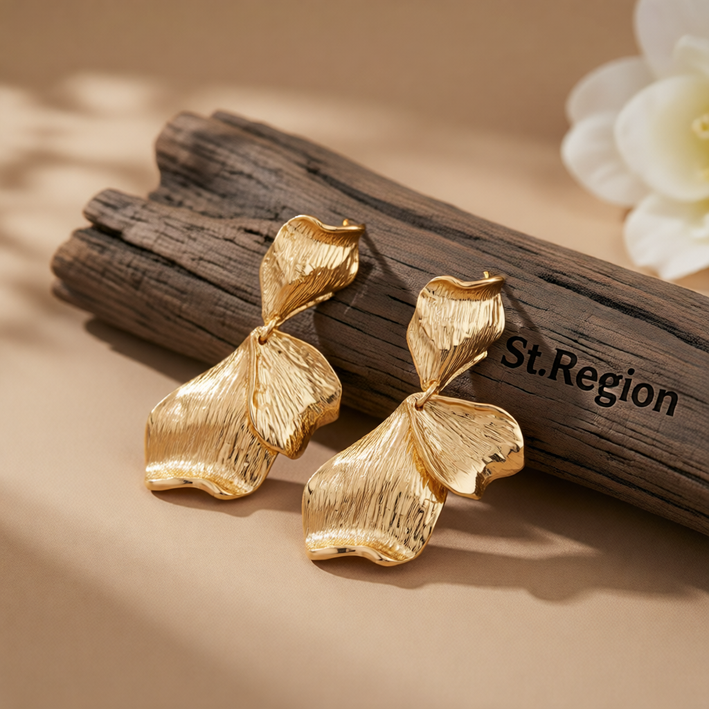 Goldtone Textured Two-Petals Dangle Earrings