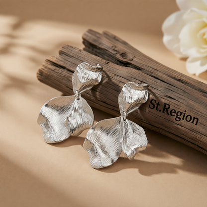 Silvertone Textured Petals Dangle Earrings