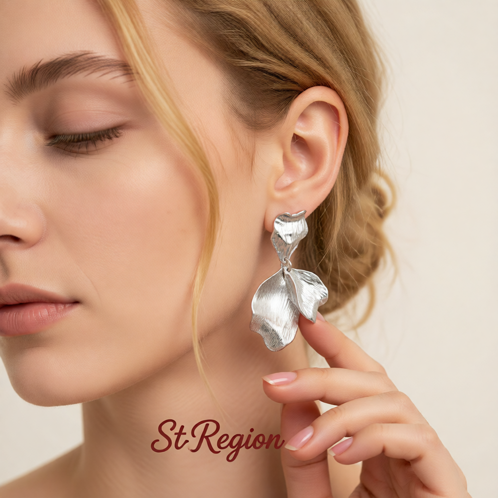 Silvertone Textured Petals Dangle Earrings
