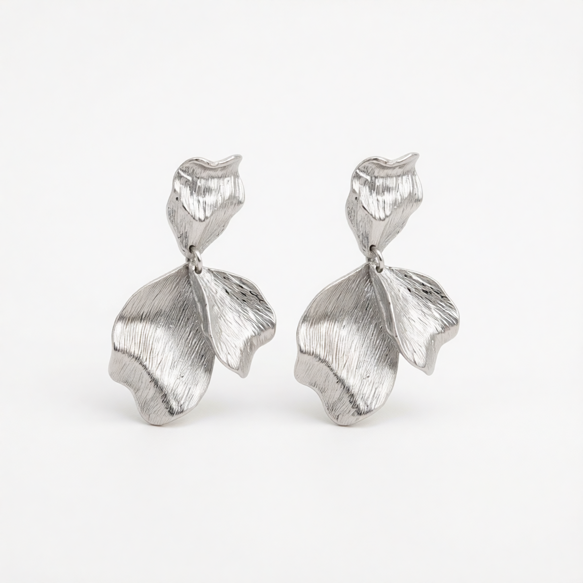 Silvertone Textured Petals Dangle Earrings