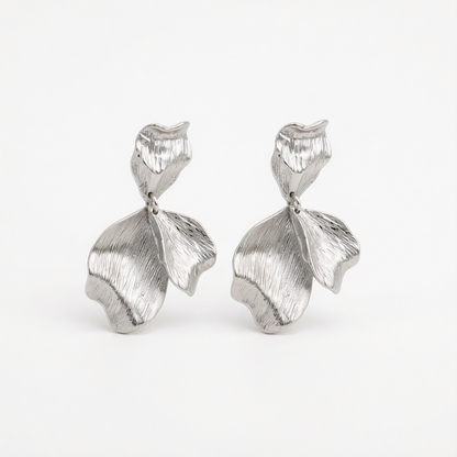 Silvertone Textured Petals Dangle Earrings