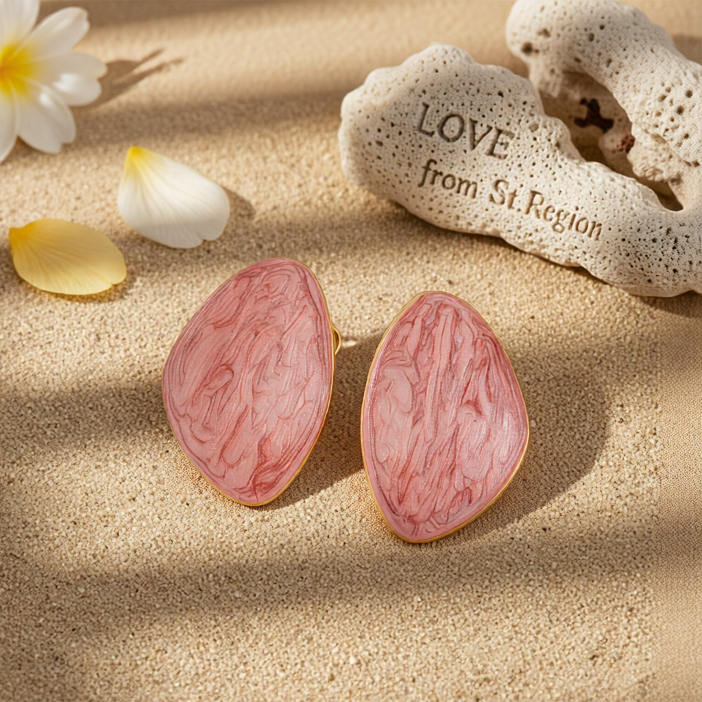 Pink Enamel & Goldtone Drop Statement Stud Earrings