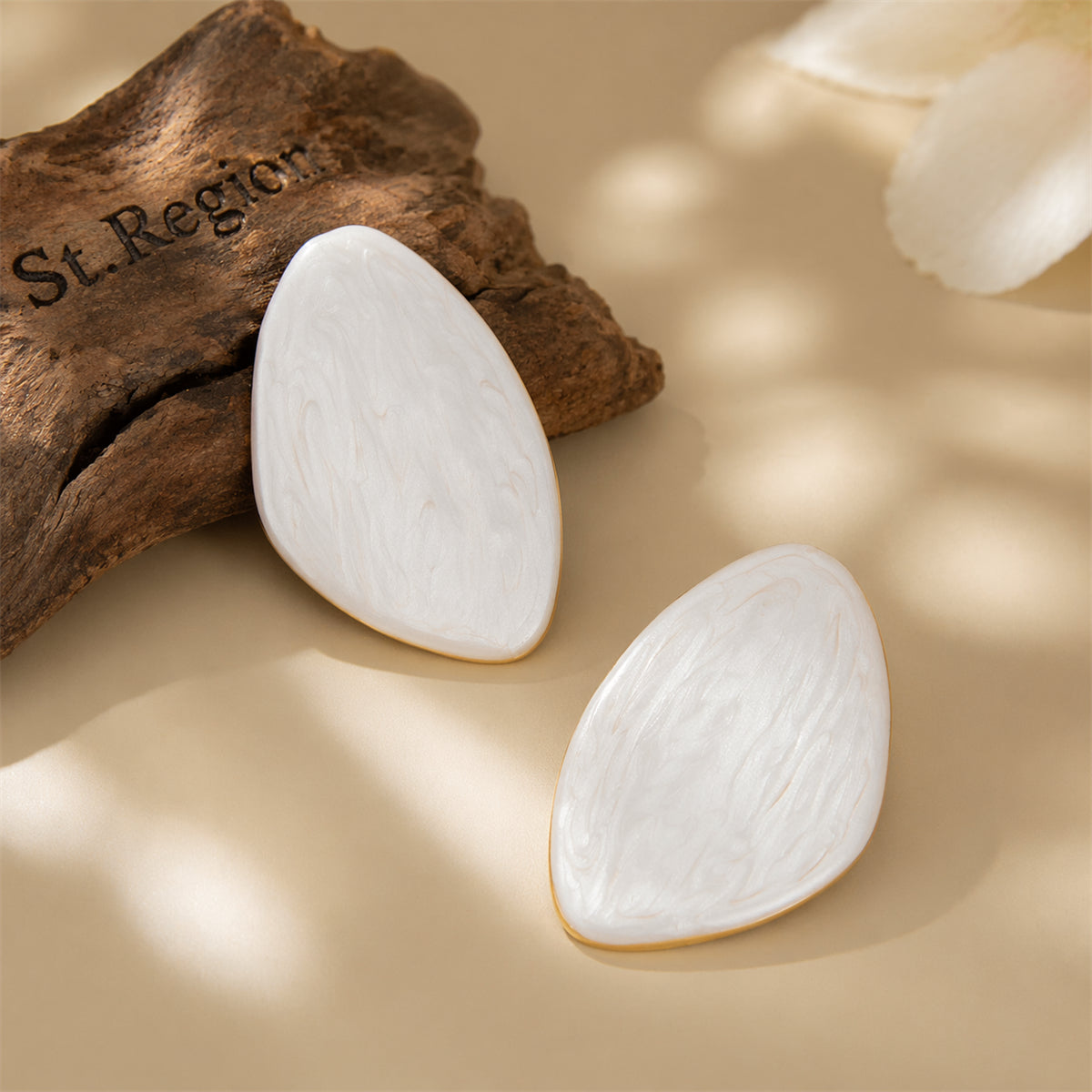 White Enamel & Goldtone Drop Statement Stud Earrings