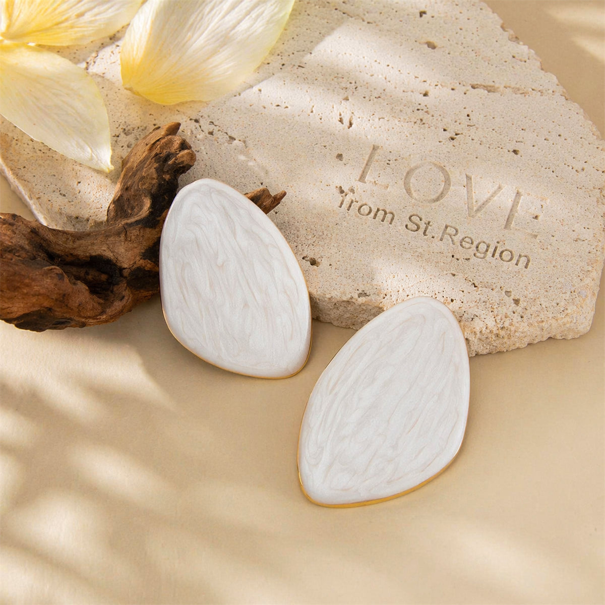 White Enamel & Goldtone Drop Statement Stud Earrings