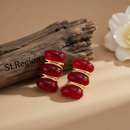 Red Resin & Goldtone Tiered Stud Earrings