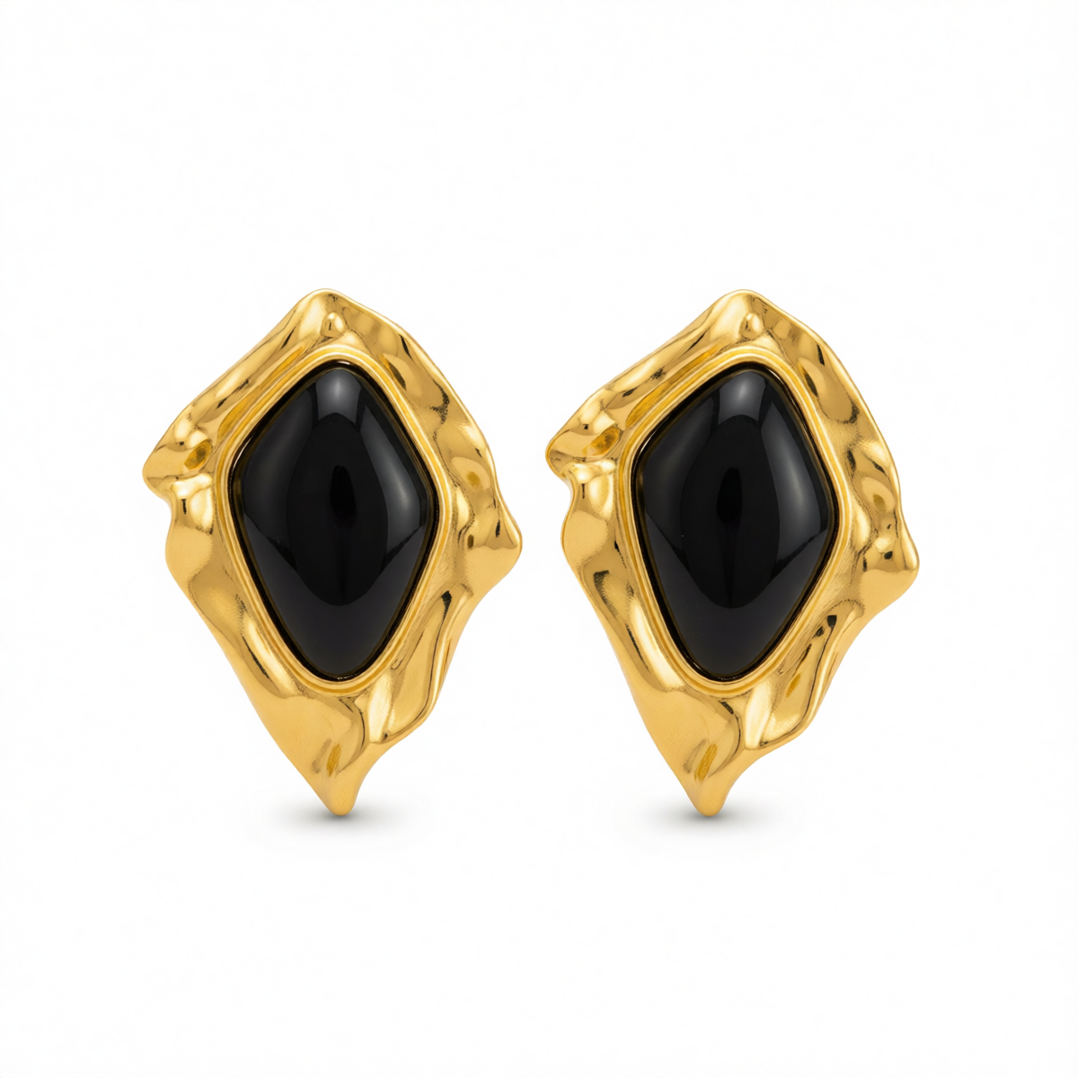 Black Resin & Goldtone Wrinkled Rhombus Stud Earrings