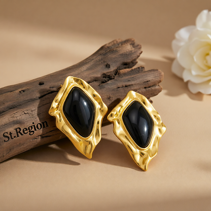 Black Resin & Goldtone Wrinkled Rhombus Stud Earrings