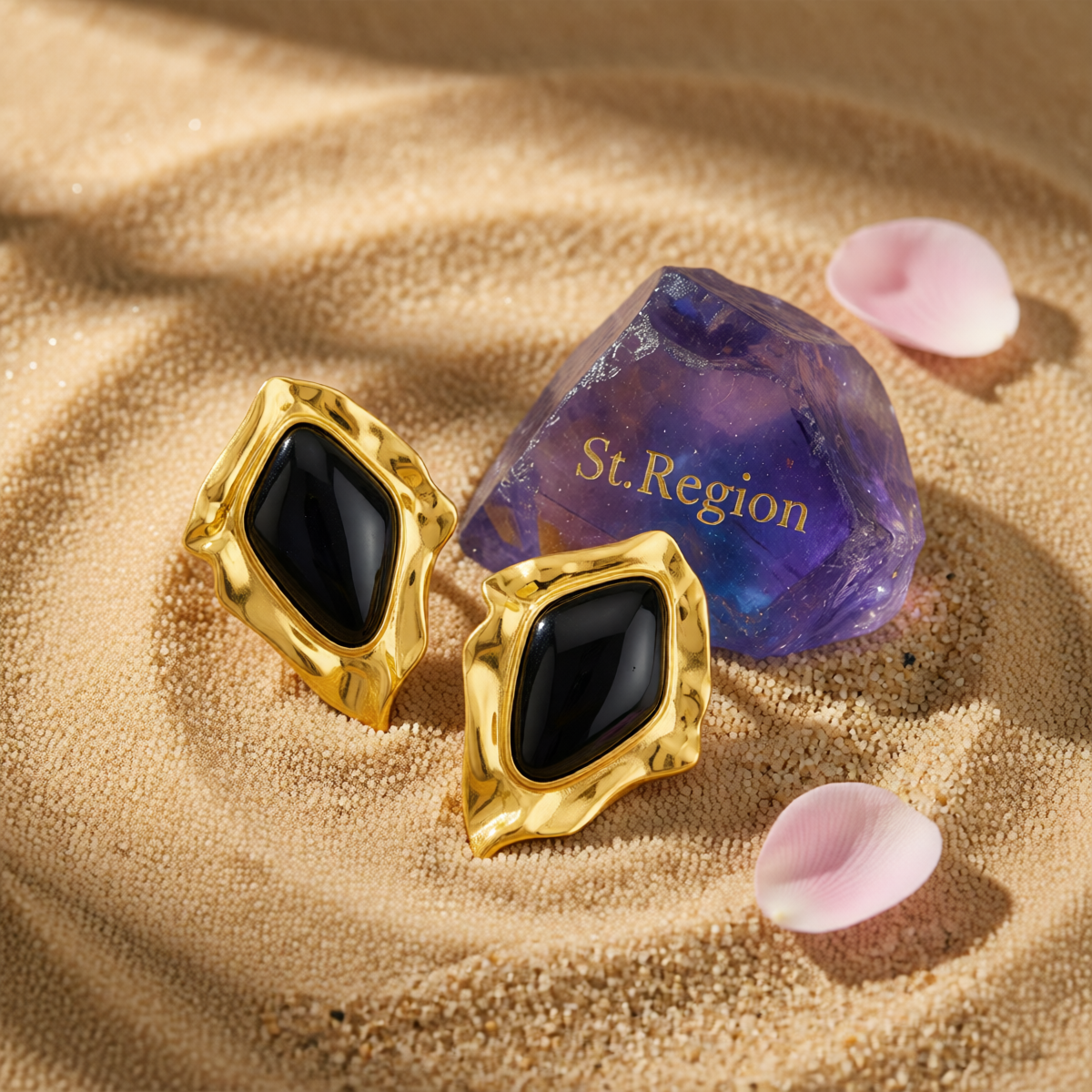 Black Resin & Goldtone Wrinkled Rhombus Stud Earrings