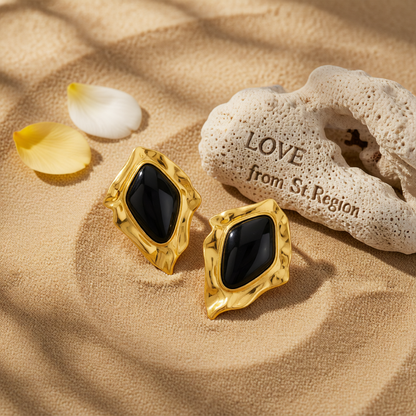 Black Resin & Goldtone Wrinkled Rhombus Stud Earrings