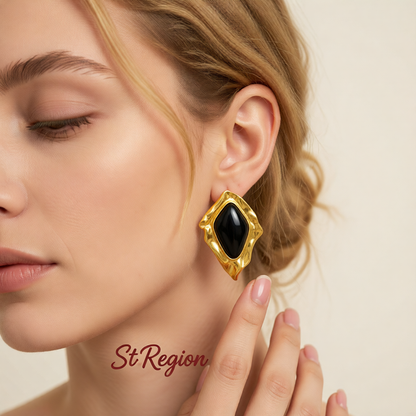 Black Resin & Goldtone Wrinkled Rhombus Stud Earrings