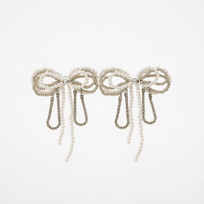 Pearl & Cubic Zirconia Silvertone Beaded Bow Stud Earrings