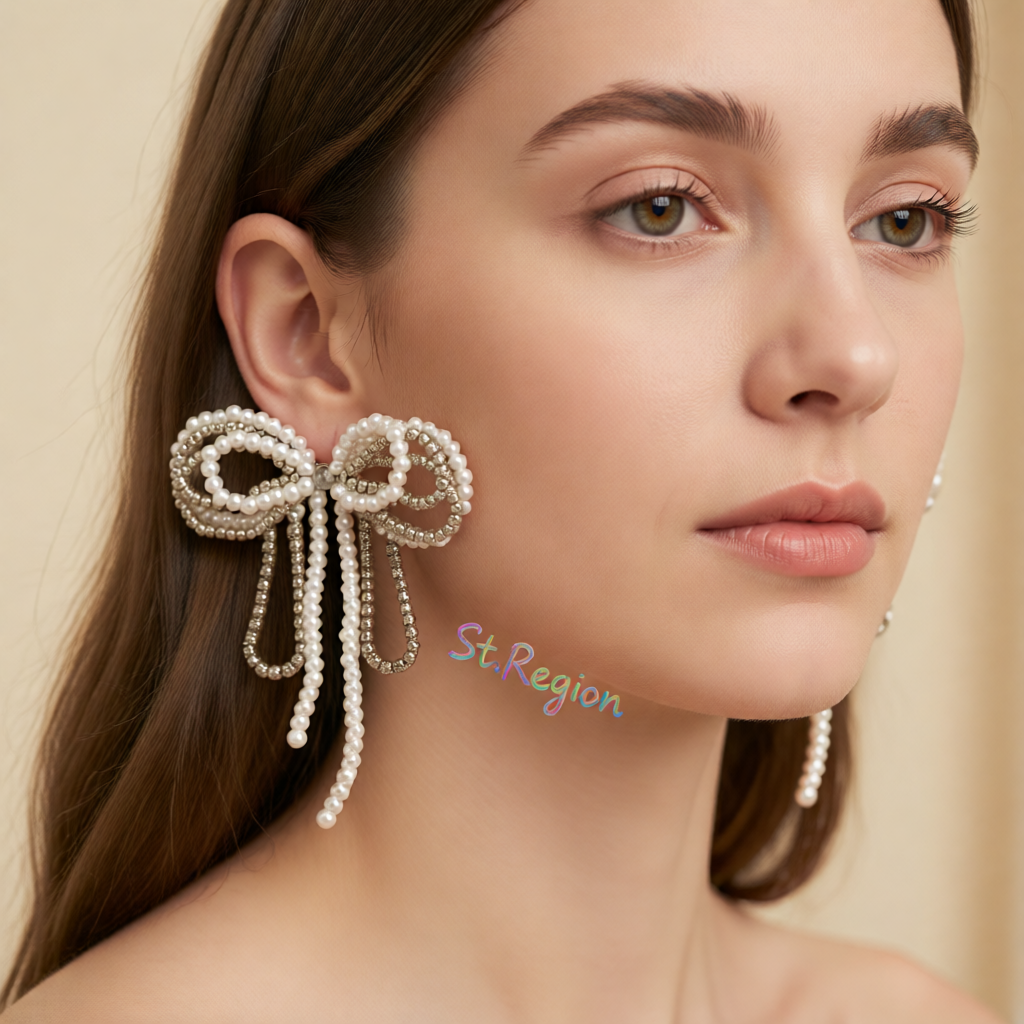 Pearl & Cubic Zirconia Silvertone Beaded Bow Stud Earrings