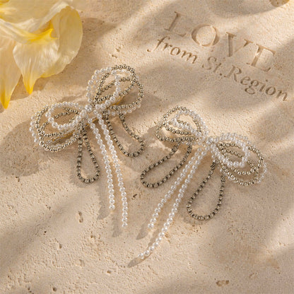 Pearl & Cubic Zirconia Silvertone Beaded Bow Stud Earrings