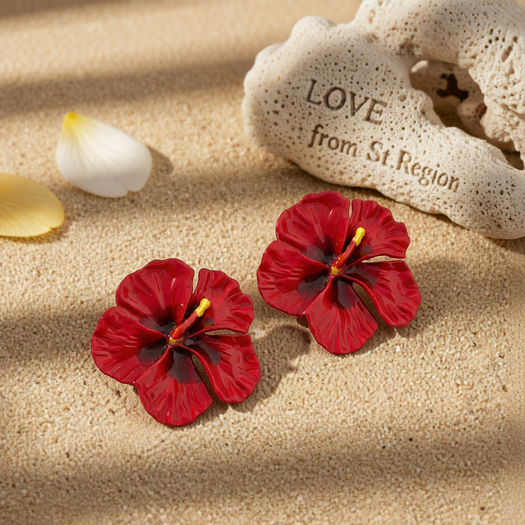 Red Enamel Flower Stud Earrings