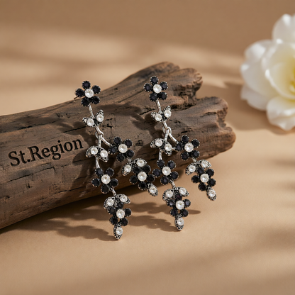 Black Cubic Zirconia & Silvertone Flower Branch Dangle Earrings