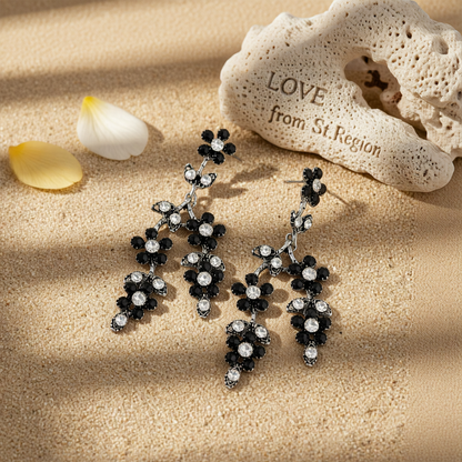 Black Cubic Zirconia & Silvertone Flower Branch Dangle Earrings