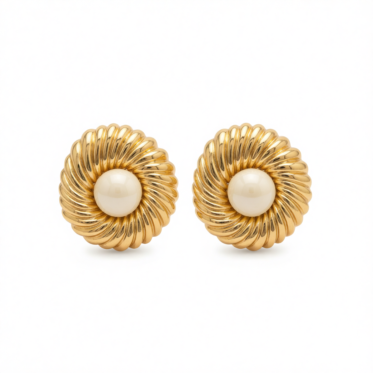 Beige Resin & Goldtone Floral Round Stud Earrings