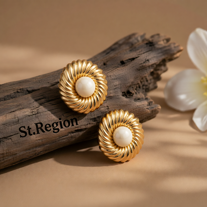 Beige Resin & Goldtone Floral Round Stud Earrings