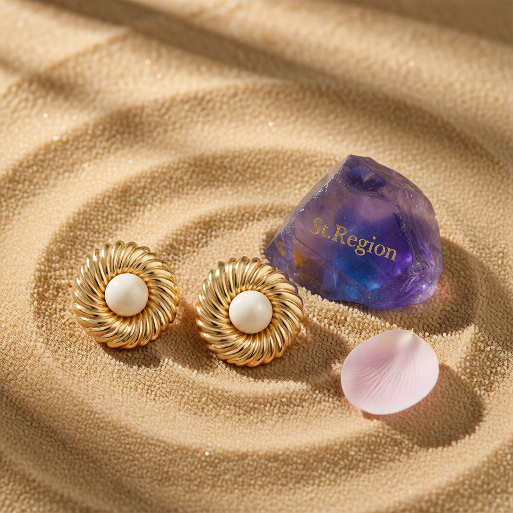 Beige Resin & Goldtone Floral Round Stud Earrings
