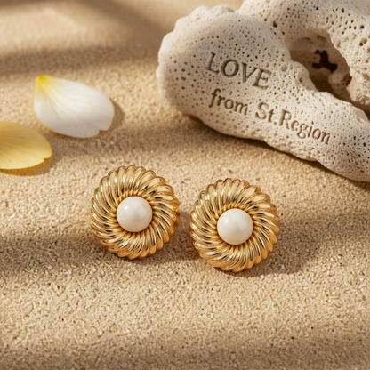 Beige Resin & Goldtone Floral Round Stud Earrings