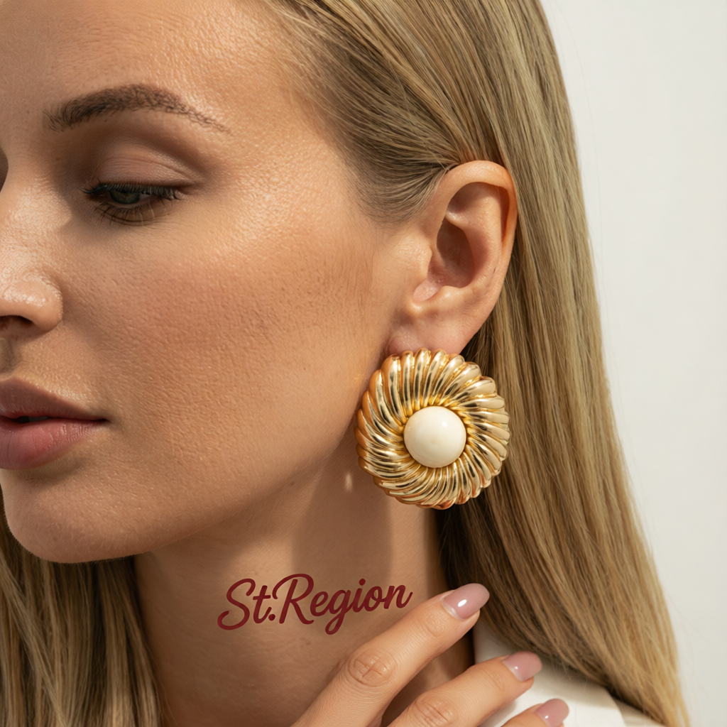 Beige Resin & Goldtone Floral Round Stud Earrings