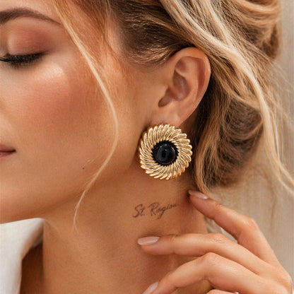 Black Resin & Goldtone Floral Round Stud Earrings