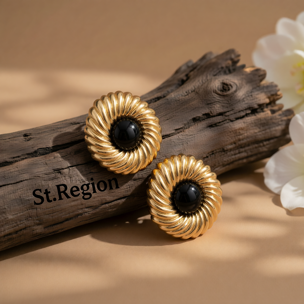 Black Resin & Goldtone Floral Round Stud Earrings