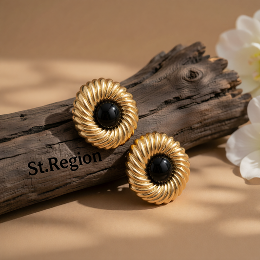 Black Resin & Goldtone Floral Round Stud Earrings