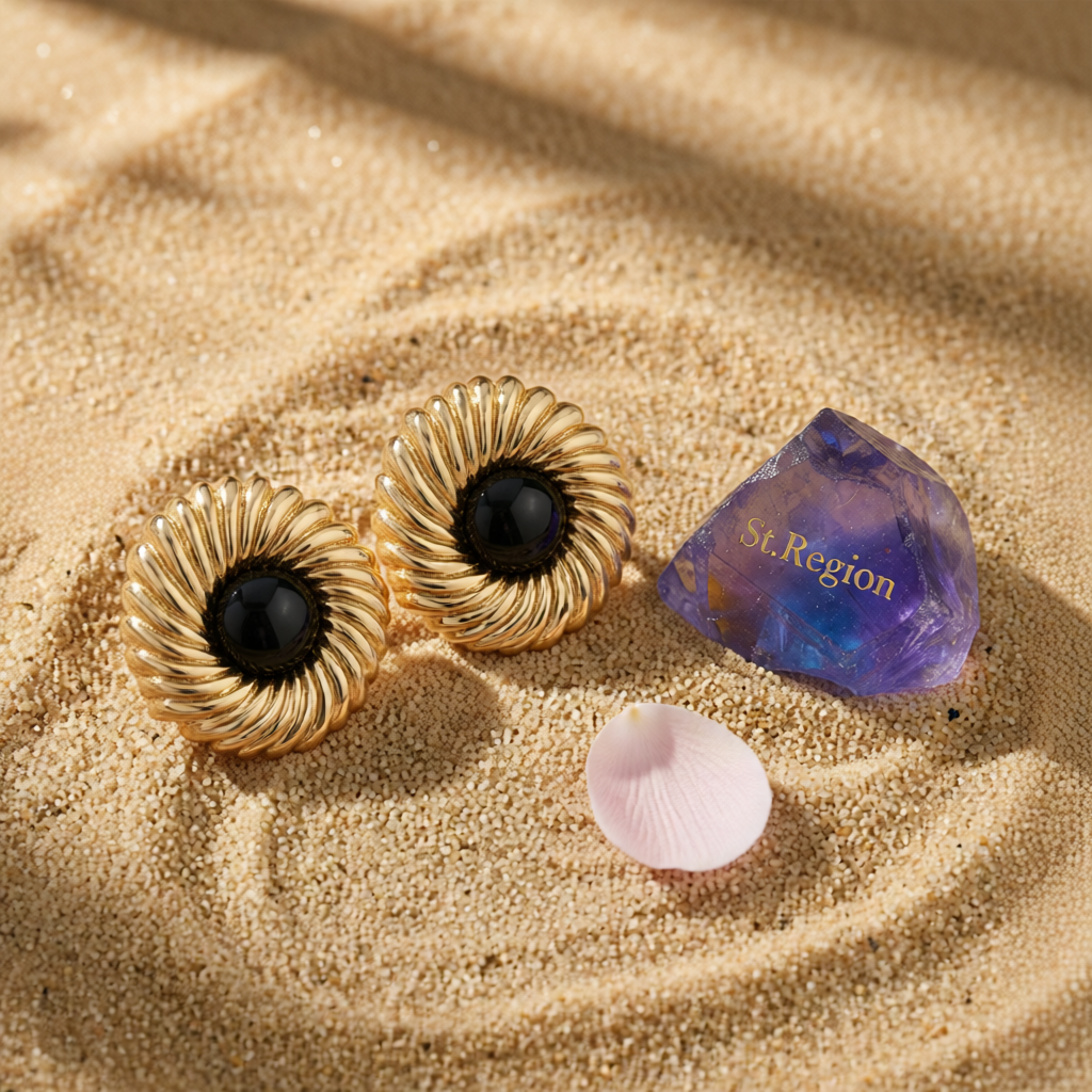 Black Resin & Goldtone Floral Round Stud Earrings