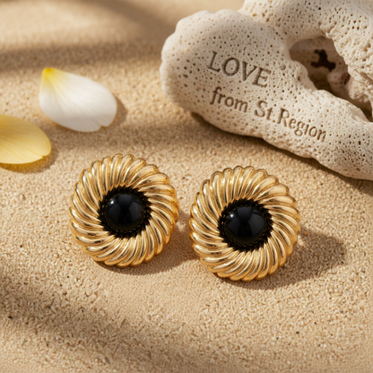 Black Resin & Goldtone Floral Round Stud Earrings