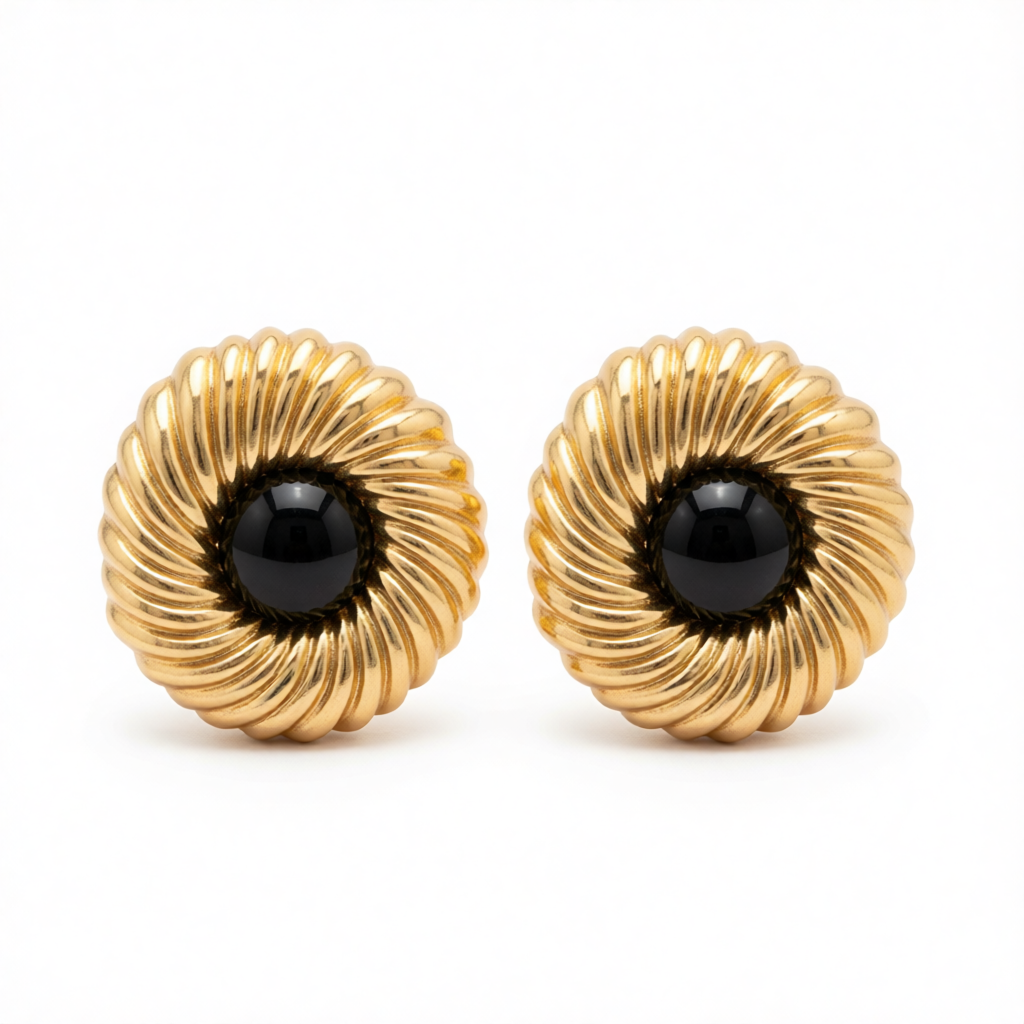 Black Resin & Goldtone Floral Round Stud Earrings