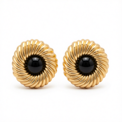 Black Resin & Goldtone Floral Round Stud Earrings