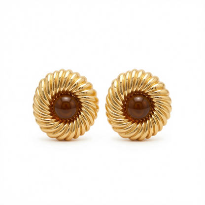 Brown Resin & Goldtone Floral Round Stud Earrings