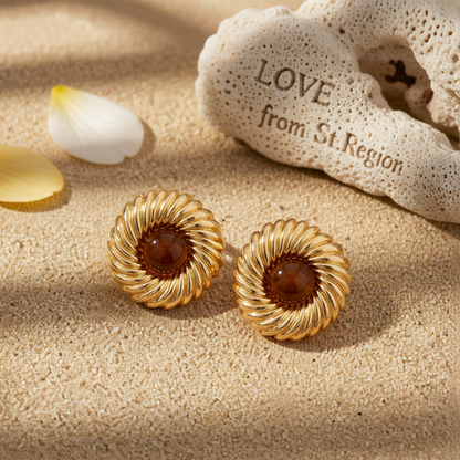 Brown Resin & Goldtone Floral Round Stud Earrings