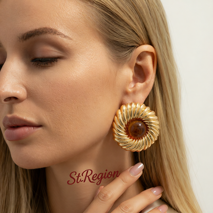 Brown Resin & Goldtone Floral Round Stud Earrings
