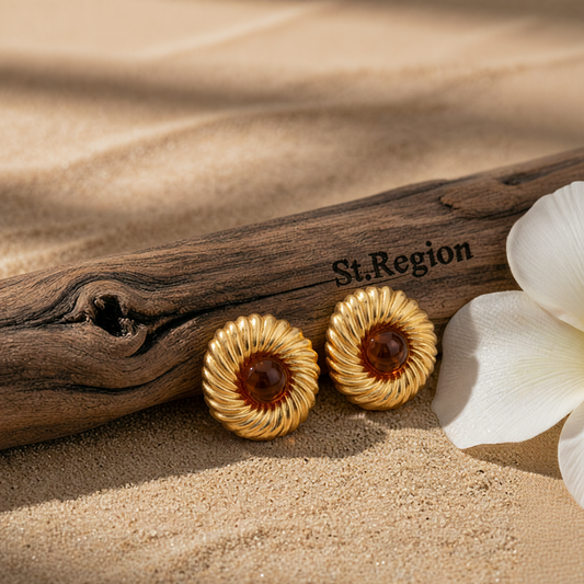 Brown Resin & Goldtone Floral Round Stud Earrings