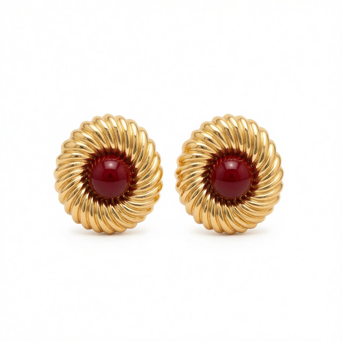 Red Resin & Goldtone Floral Round Stud Earrings